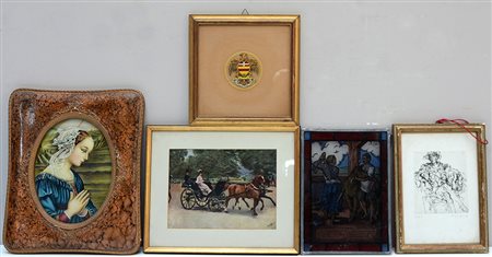 Cartone contenente numerose incisioni, riproduzioni e disegni su carta, vetro...