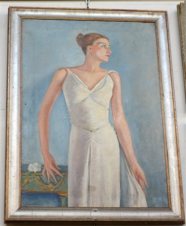 Castelbarco E. "Figura femminile in abito bianco" olio su tela, (cm 110x75)...