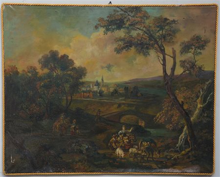 Ignoto, "Paesaggio con viandanti" olio su tela (cm 80x100). (Difetti)