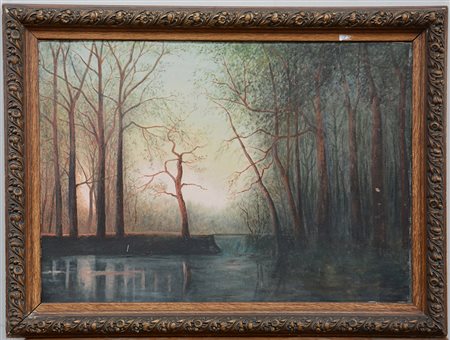 Ignoto "Paesaggio lacustre con alberi" olio su cartone (cm 70x100). In...