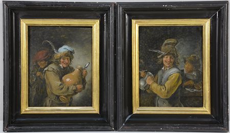 Ignoto, "Interno con bevitori", coppia di olii su rame (cm 23x19). Im cornici...