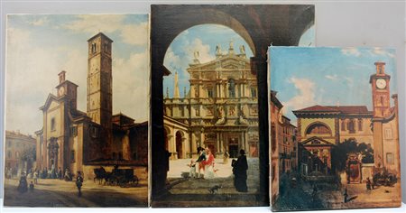Lotto di tre riproduzioni di dipinti raffiguranti chiese e uno in cornice con...
