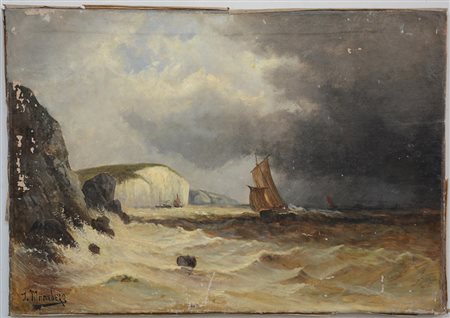 Ignoto, "Marina con barche" olio su tela (cm 65x93) firmato in basso a sinistra