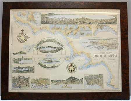 Grande incisione raffigurante il "Golfo di Napoli con i piani dei porti" (cm...