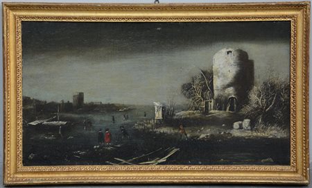 Maestro fiammingo del Sec. XVIII, "Paesaggio lacustre con figure" olio su...