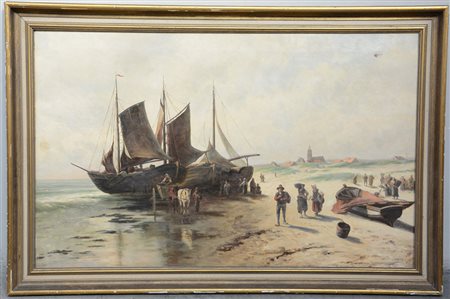 Scuola della fine del Sec. XIX, "Marina con barche e pescatori" olio su tela...