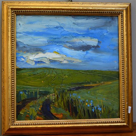 Ignoto, "Paesaggio" olio su cartone (cm 25x25) iscritto al retro. In cornice