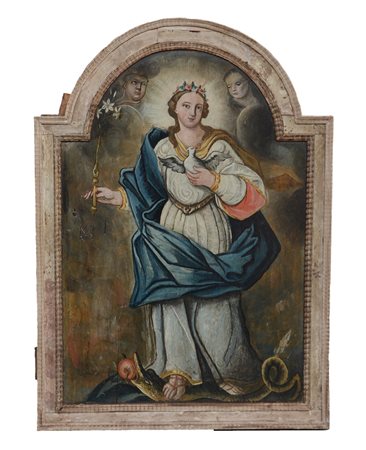 Ignoto, "Santa" antico dipinto ad olio su tavola di forma sagomata (cm...