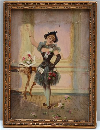 Ignoto, quadretto retouchË raffigurante ragazza con fiori (cm 18x13) In...