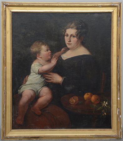 Scuola del Sec. XIX, "Mamma con bambino" olio su tela (cm 95x79). (Difetti)