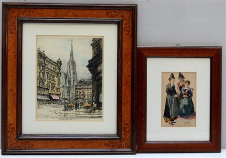 Lotto composto da un'acquatinta raffigurante uno scorcio di citt‡ e un...