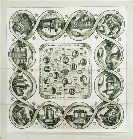 Foulard in seta, tonalità verdi su fondo color panna, bordo verde chiaro...