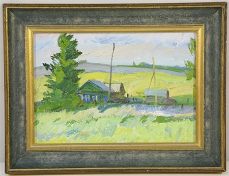 Ignoto, "Paesaggio con casolari" olio su tela (cm 22x31) firmato in basso a...