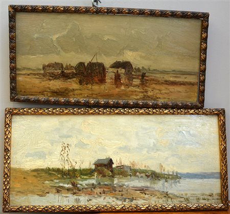 Ignoto inizio secolo XX, "Paesaggi lacustri", due dipinti ad olio su...