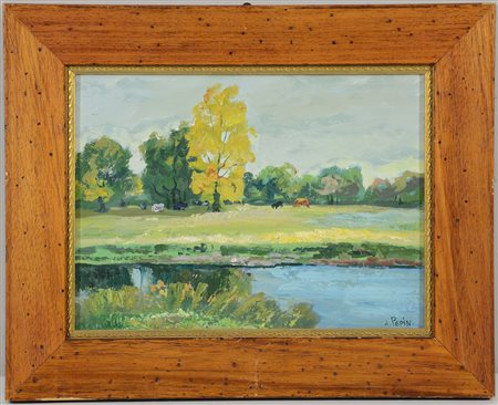 Ignoto, "Paesaggio campano con armenti" olio su cartonicino (cm 23x31)...