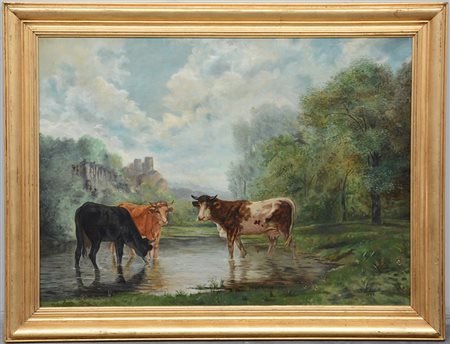 Firma indecifrata, "Paesaggio con mucche" olio su tela (cm 73x100) firmato e...