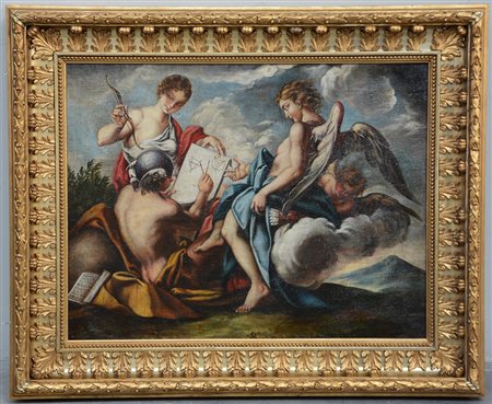 Ignoto del sec. XVIII, "Educazione di Cupido da parte di Mercurio" olio su...