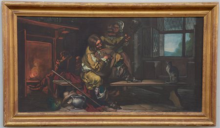 Ignoto, "Scena d'interno con suonatore" olio su tela (cm 46x88) firmato in...