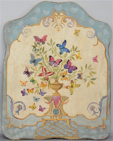 Ignoto, "Vaso con fiori e farfalle", olio su tela sagomata (cm 108x84)