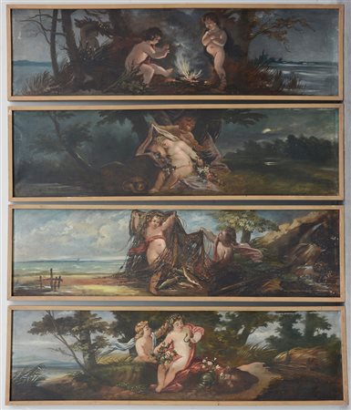 Ignoto, "Allegorie con putti", gruppo di quattro olii su tela (cm 45x170). In...