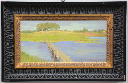 Firma indecifrata, "Paesaggio fluviale con ponticello" olio su tela (cm...