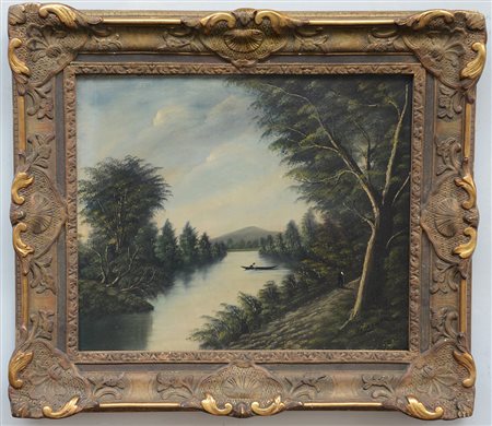 Ignoto, "Paesaggio lacustre con figure" olio su tela (cm 46x55) firmato in...