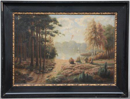 Firma indecifrata, "Paesaggio lacustre con fattoria e barche" olio su tela...