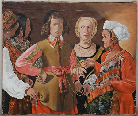 Ignoto, "Scena d'interno con figure", olio su tela (cm 100x120) (difetti)