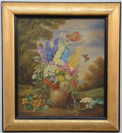 Ignoto, "Vaso di fiori con farfalle" olio su tavoletta (cm 70x62) firmato in...