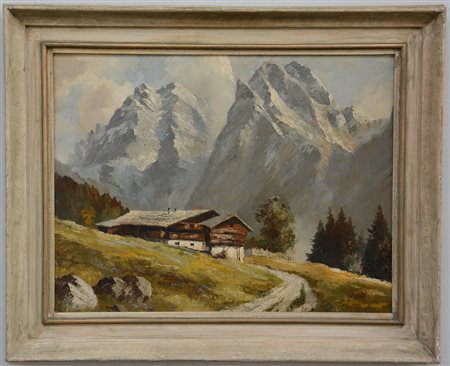 Firma indecifrata, "Paesaggio montano con baite", olio su masonite (cm...