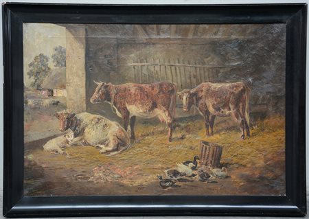 Ignoto, "Interno di stalla con mucche e papere", olio su tela (cm 62x93),...