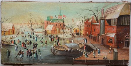 Ignoto, "Paesaggio fiammingo con personaggi" olio su tela (cm 27x54)