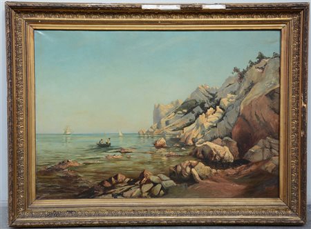 Scuola della fine del Sec. XIX, "Paesaggio marino con barche e pescatori"...