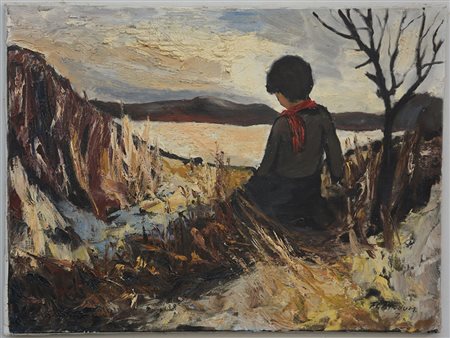Firma indecifrata, "Paesaggio lacustre con bambina", olio su tela (cm 60x80),...