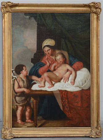 Scuola del Sec. XIX, "Madonna con Bambino e S. Giovannino" olio su tela (cm...
