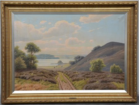 Firma indecifrata "Paesaggio collinare con armenti" olio su tela (cm 70x100)...