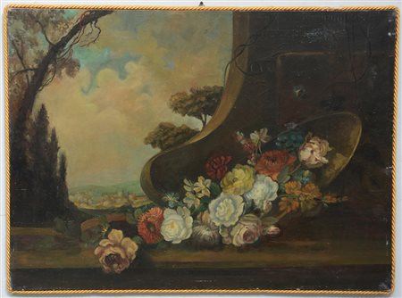 Ignoto "Natura morta con fiori e vasellame" olio su tela (cm 60x96)