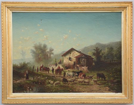 Ignoto, "Paesaggio con contadini e armenti" olio su tela (cm 56x76) tracce di...