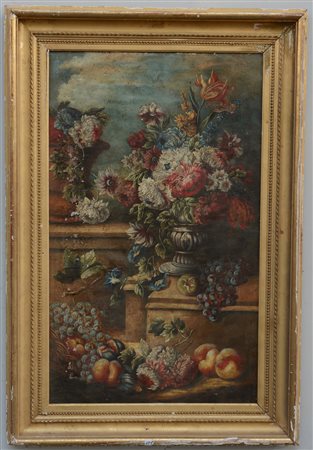 Ignoto, "Natura morta con fiori frutta e vasi" olio su tela (cm 90x55) in...