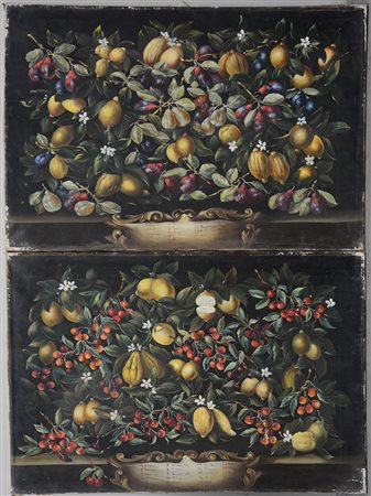 Ignoto "Fiori, frutta e foglie" coppia di olii su tela, iscritte in basso al...