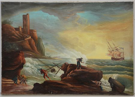 Ignoto "Marina in burrasca con veliero" olio su tela (cm 65x92)