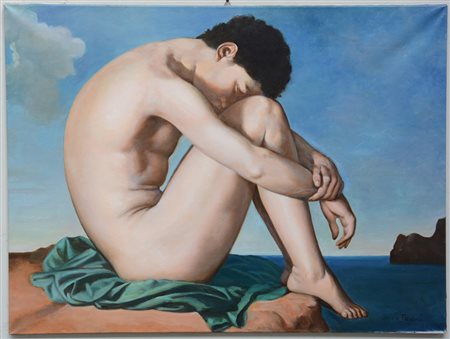 Ignoto "Nudo maschile" olio su tela (cm 85x110) iscritto in basso a destra