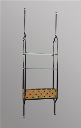 Libreria con fioriera con struttura in metallo laccato e ottone traforato....