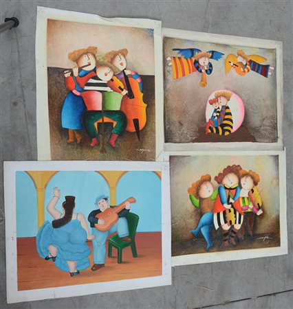 Lotto di numerosi dipinti figurativi ad acrilico su tela plastificata (difetti)