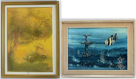 Lotto di due olii su tela di autori differenti raffiguranti un fondale marino...