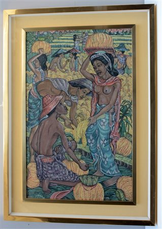 Firma indecifrata, "La raccolta nei campi", dipinto su tessuto (cm 69x45)...