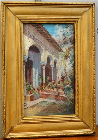 Ignoto, "Scorcio di villa con giardino" olio su tavoletta (cm 21x12) firmato...