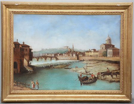Ignoto, " Scorcio di Firenze vista dall'Arno con pescatori in primo piano"...