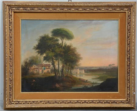 Scuola del Sec. XIX, "Paesaggio lacustre con figure femminili" olio su tela...