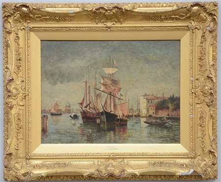 Vincent J. "Scorcio di Venezia con velieri" olio su tela (cm 30x41) firmato...